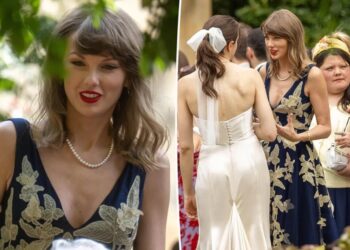 Taylor Swift exudes elegance in navy tulle gown and pearls at Laura Sisk and Oli Jacobs’ wedding