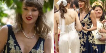 Taylor Swift exudes elegance in navy tulle gown and pearls at Laura Sisk and Oli Jacobs’ wedding