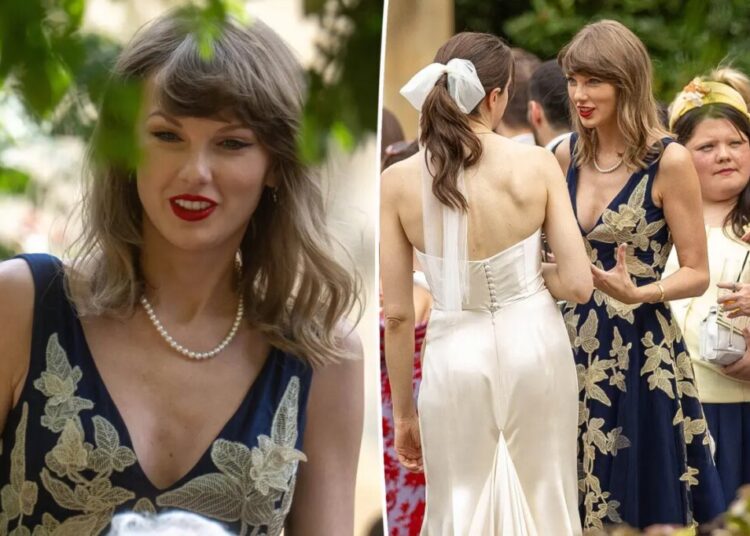 Taylor Swift exudes elegance in navy tulle gown and pearls at Laura Sisk and Oli Jacobs’ wedding