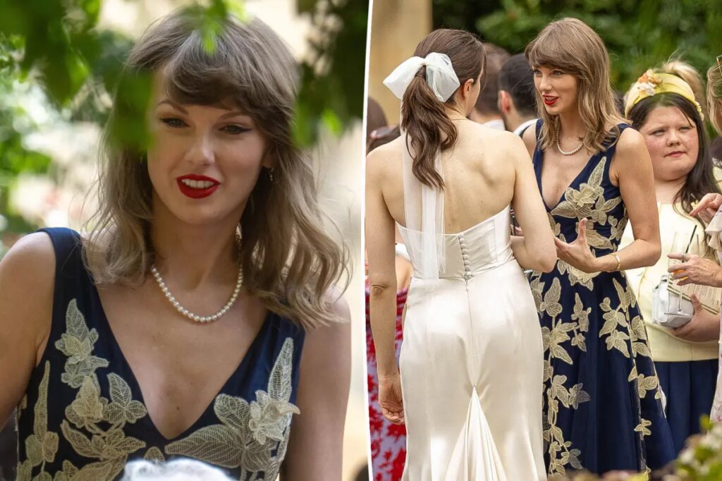 Taylor Swift exudes elegance in navy tulle gown and pearls at Laura Sisk and Oli Jacobs’ wedding