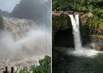 Hawaii waterfall’s dramatic boom captured in wild before and after footage following hurricane