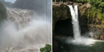 Hawaii waterfall’s dramatic boom captured in wild before and after footage following hurricane