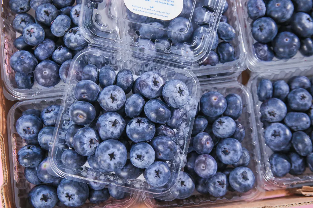 Fresh blueberries in clear plastic containers at a farmers market.