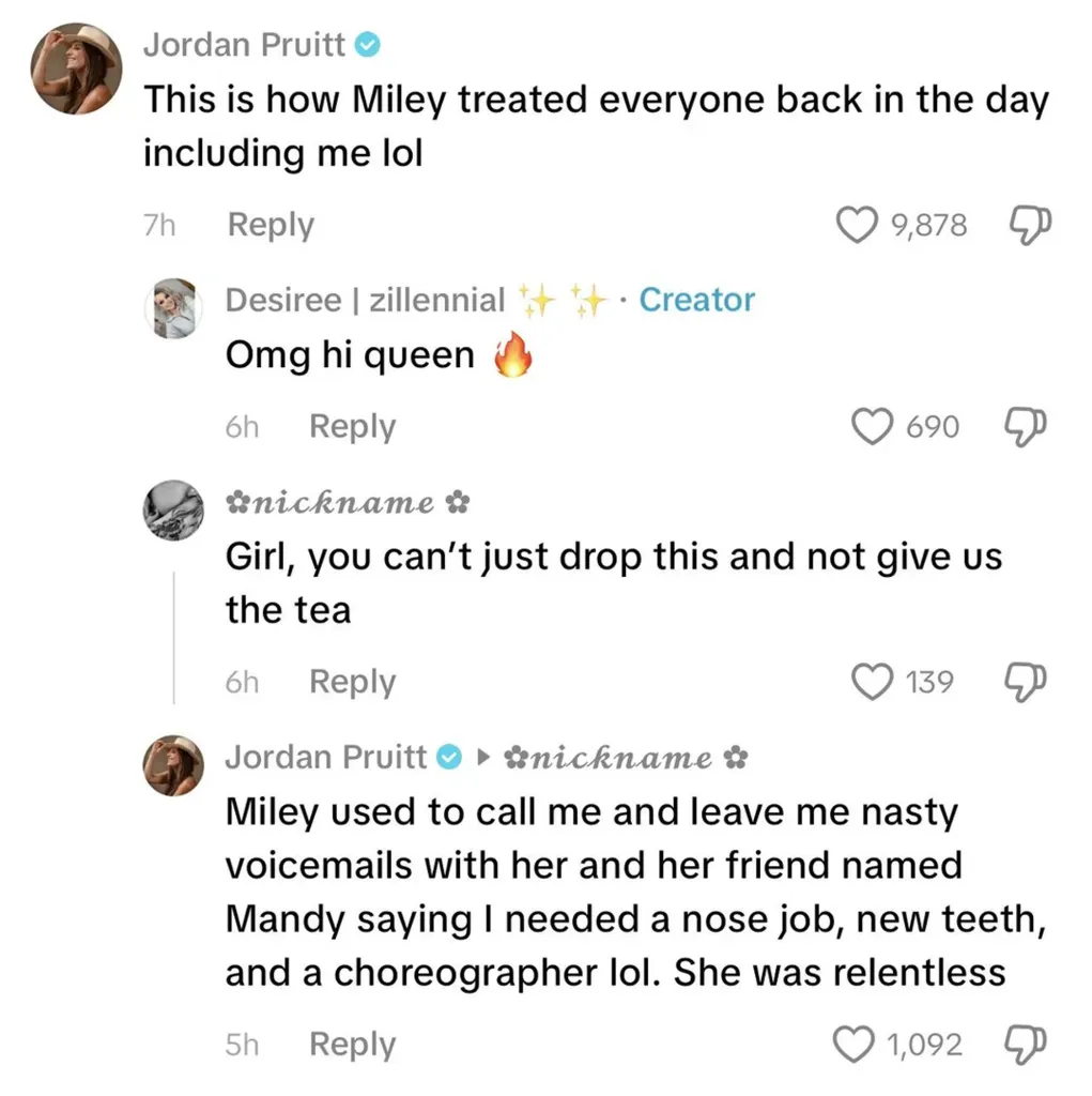 A social media post with comments from Jordan Pruitt detailing how Miley Cyrus bullied her.