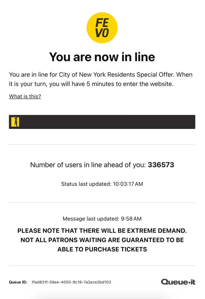 A FEVO webpage indicating a user is in a waiting line for a New York City residents' special offer, with over 336,000 users ahead of them.