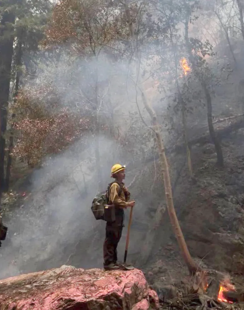 A firefighter in uniform with a shovel stands on a rock, observing a forest fire with smoke and flames visible in the background.