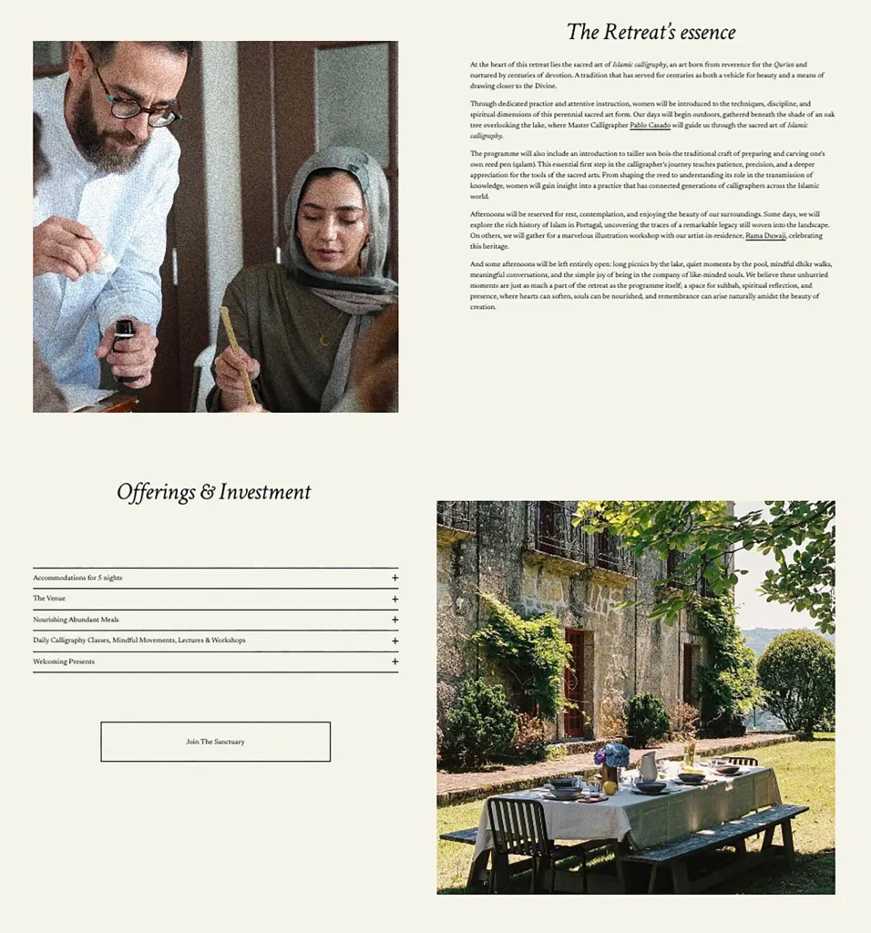 A collage of two images: a man and a woman practicing calligraphy, and an outdoor dining area.