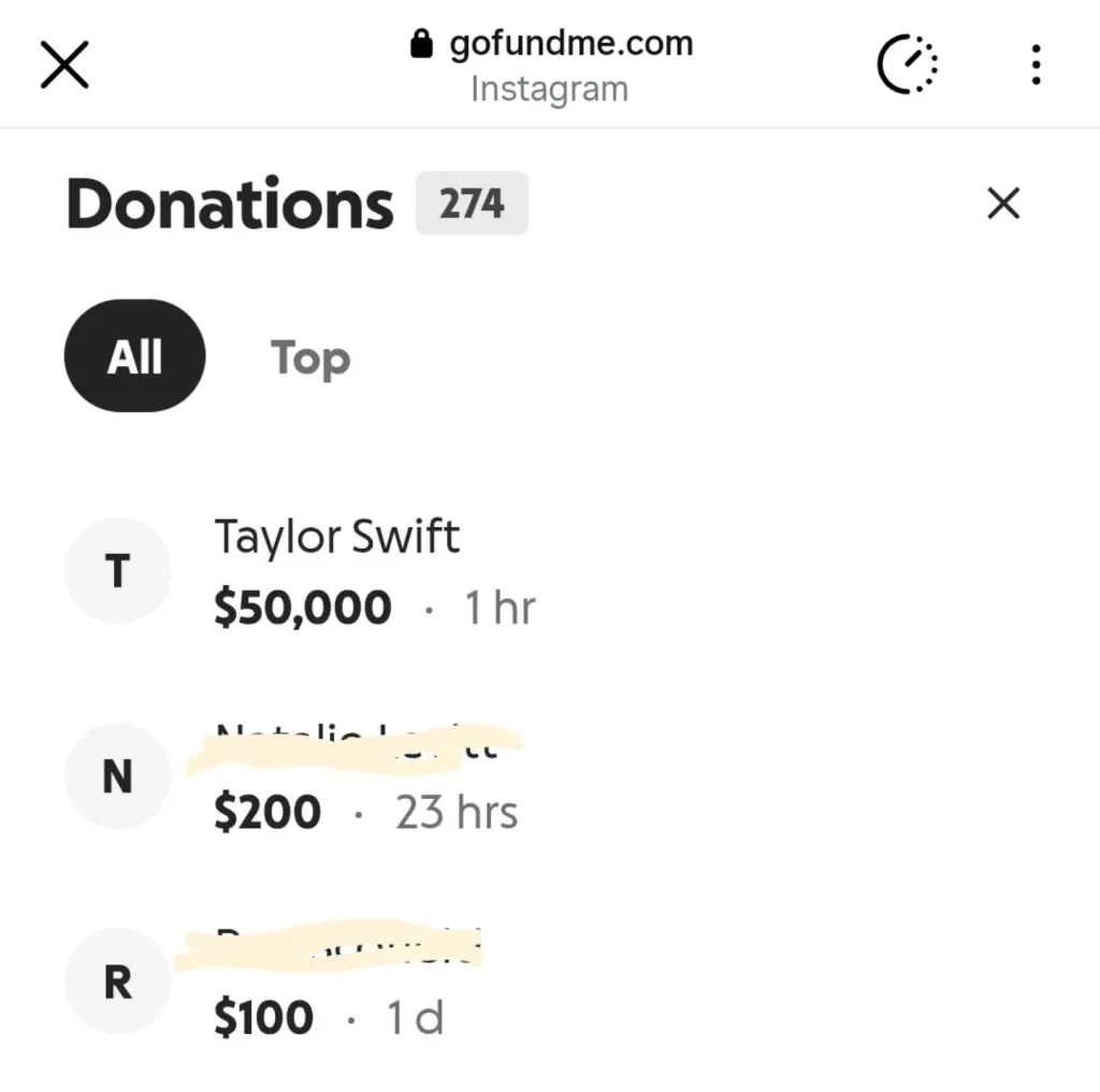 Screenshot of a GoFundMe page showing a $50,000 donation from Taylor Swift.