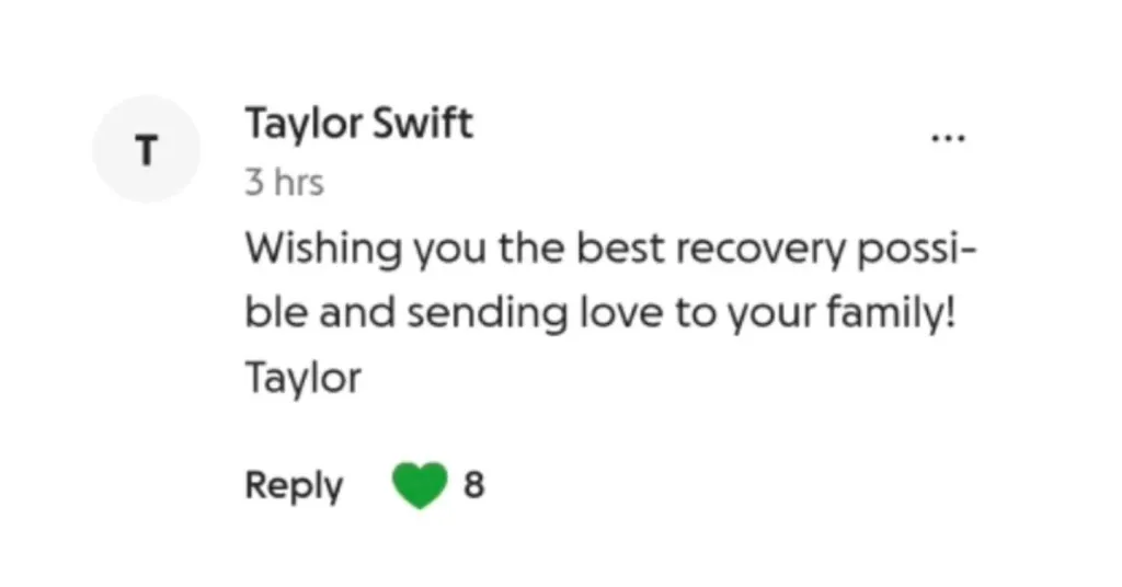 A comment from Taylor Swift saying, 