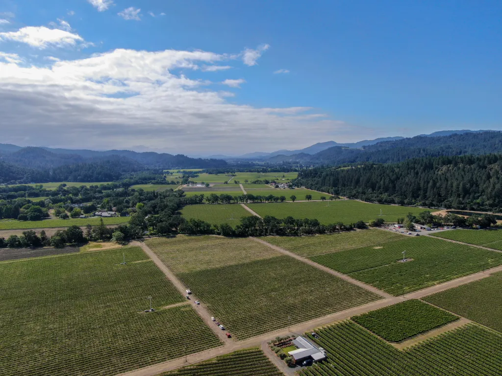 Aerial view of Napa Valley vineyards under a partly cloudy sky, with mountains in the background.
