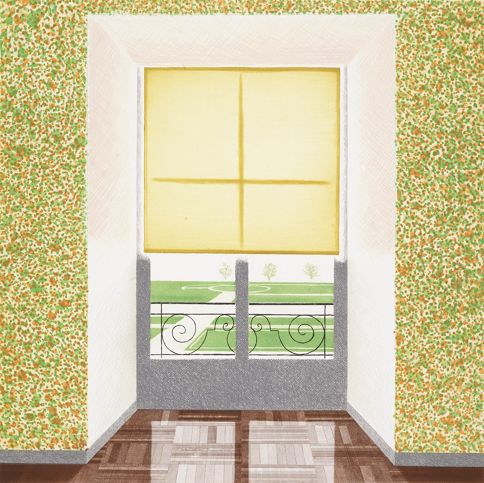 fine-art print with dappled orange, yellow, and green walls and central window, shade partway down, with formal garden beyond and reflective wooden parquet floor in foreground