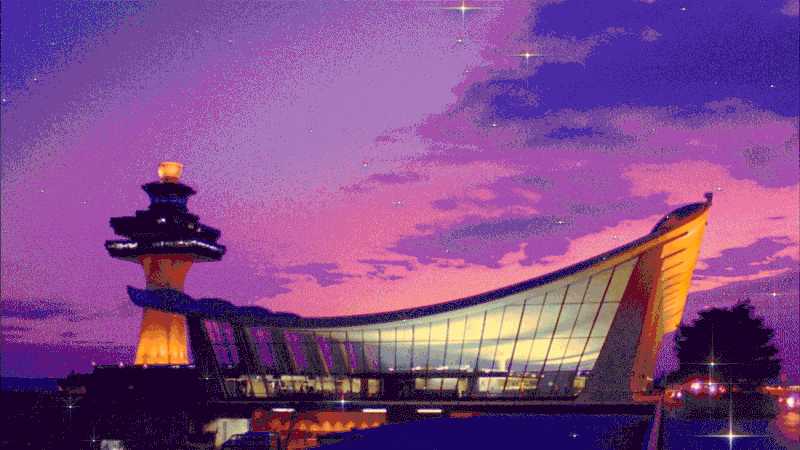 A stylized, dreamy sunset view of Washington Dulles International Airport
