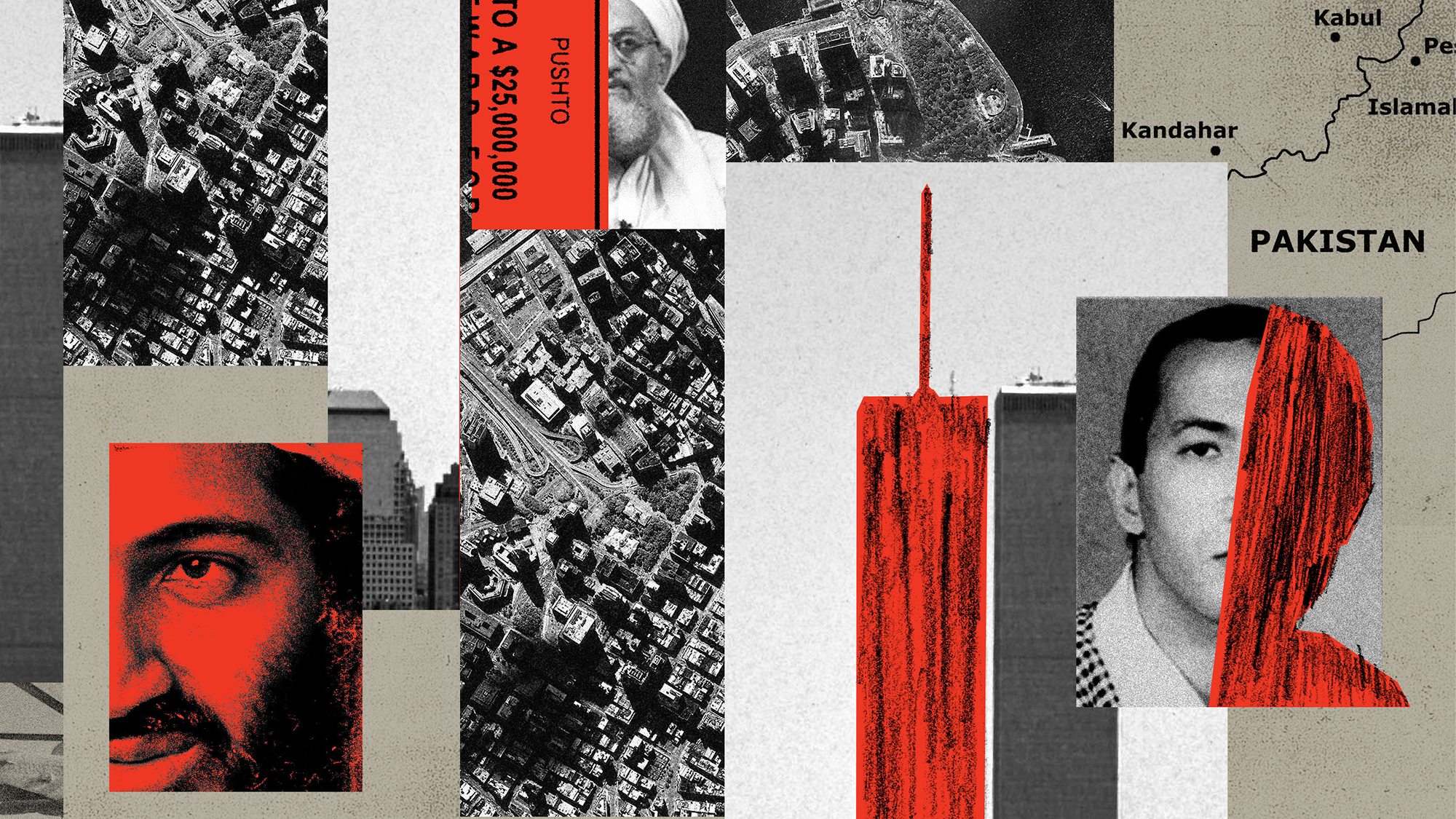 Illustration with collage of black-and-white image details of bin Laden, al-Zawahiri, al-Adel, and World Trade Center towers, with map of Pakistan, aerial view of city, and red scribbled details.