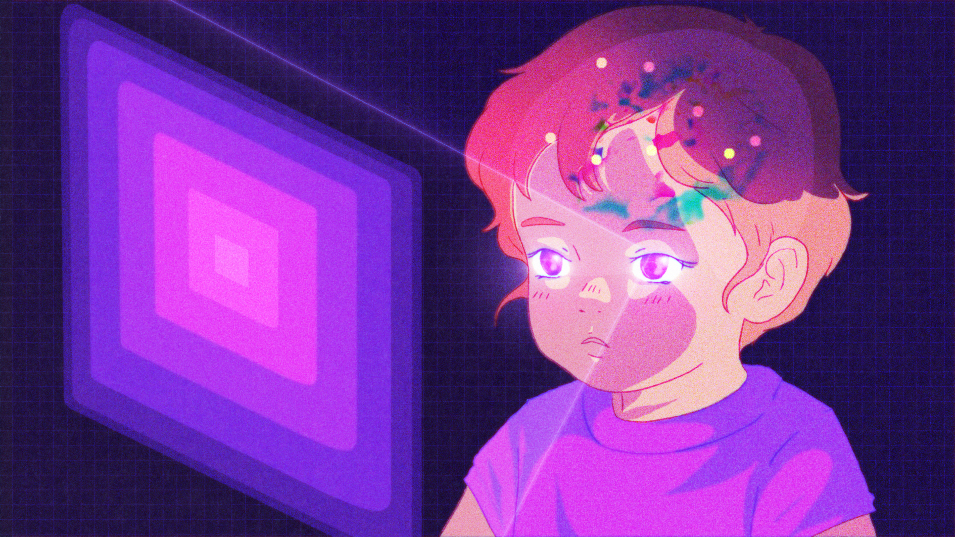 Illustration of a zoned out blinking child with brain synapses sparkling, in front of an abstract screen