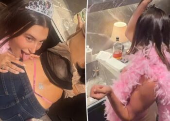 Hailey Bieber licks friend’s backside in wild photo as she celebrates Kylie Jenner’s 29th birthday