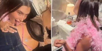 Hailey Bieber licks friend’s backside in wild photo as she celebrates Kylie Jenner’s 29th birthday