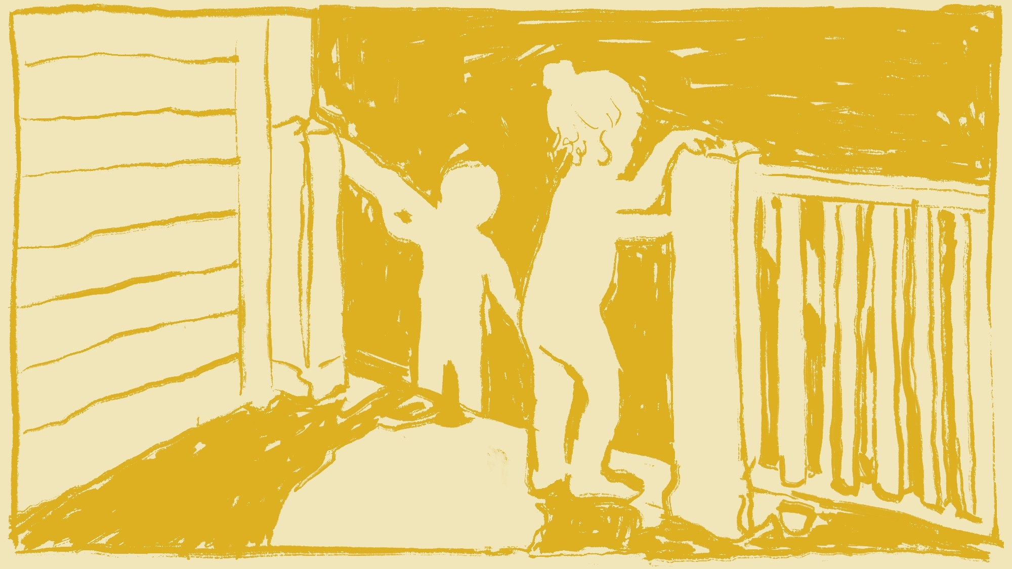 An illustration in yellow of children playing on a front porch