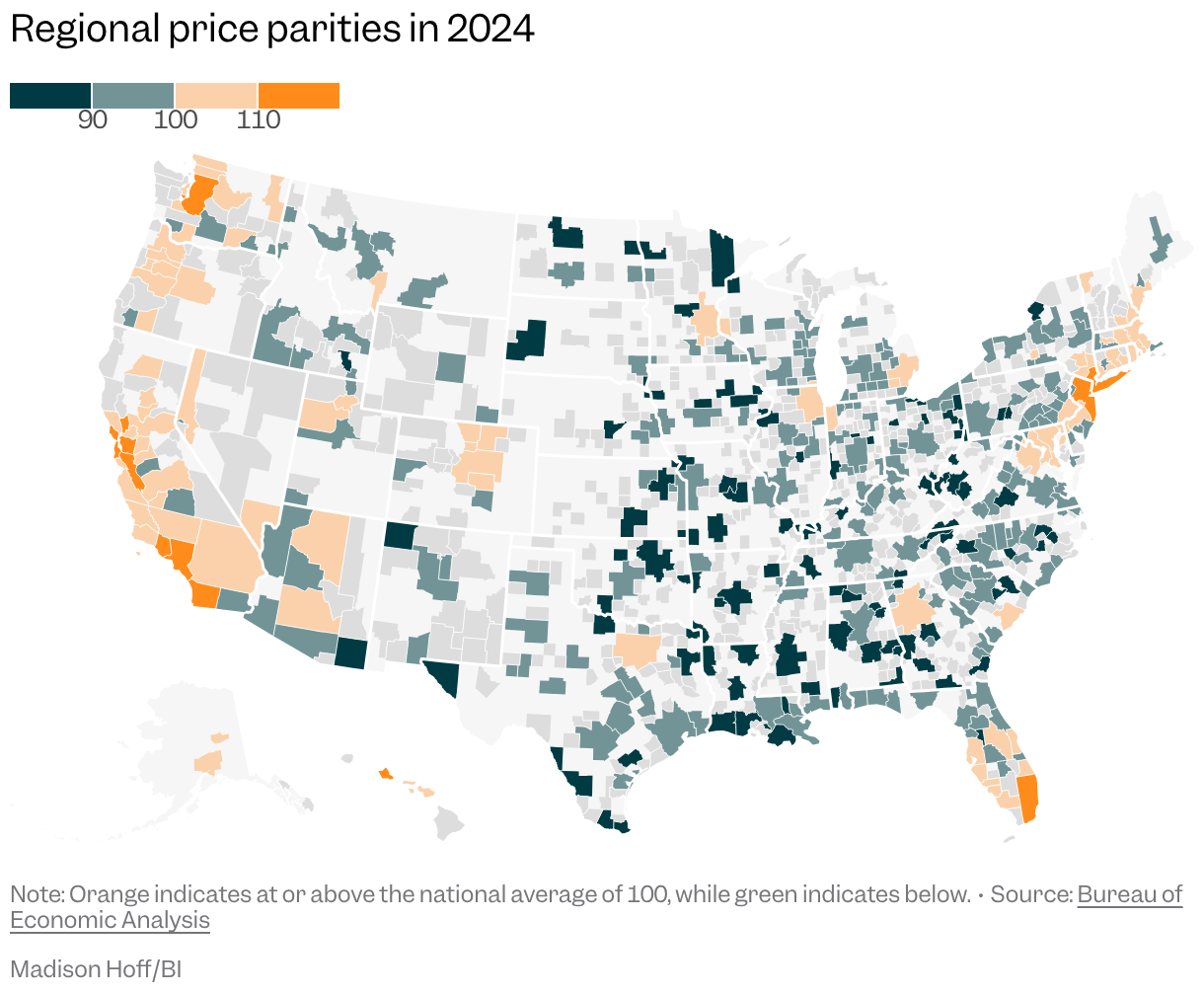 Map of the US showing regional price parities in 2024 by metro area