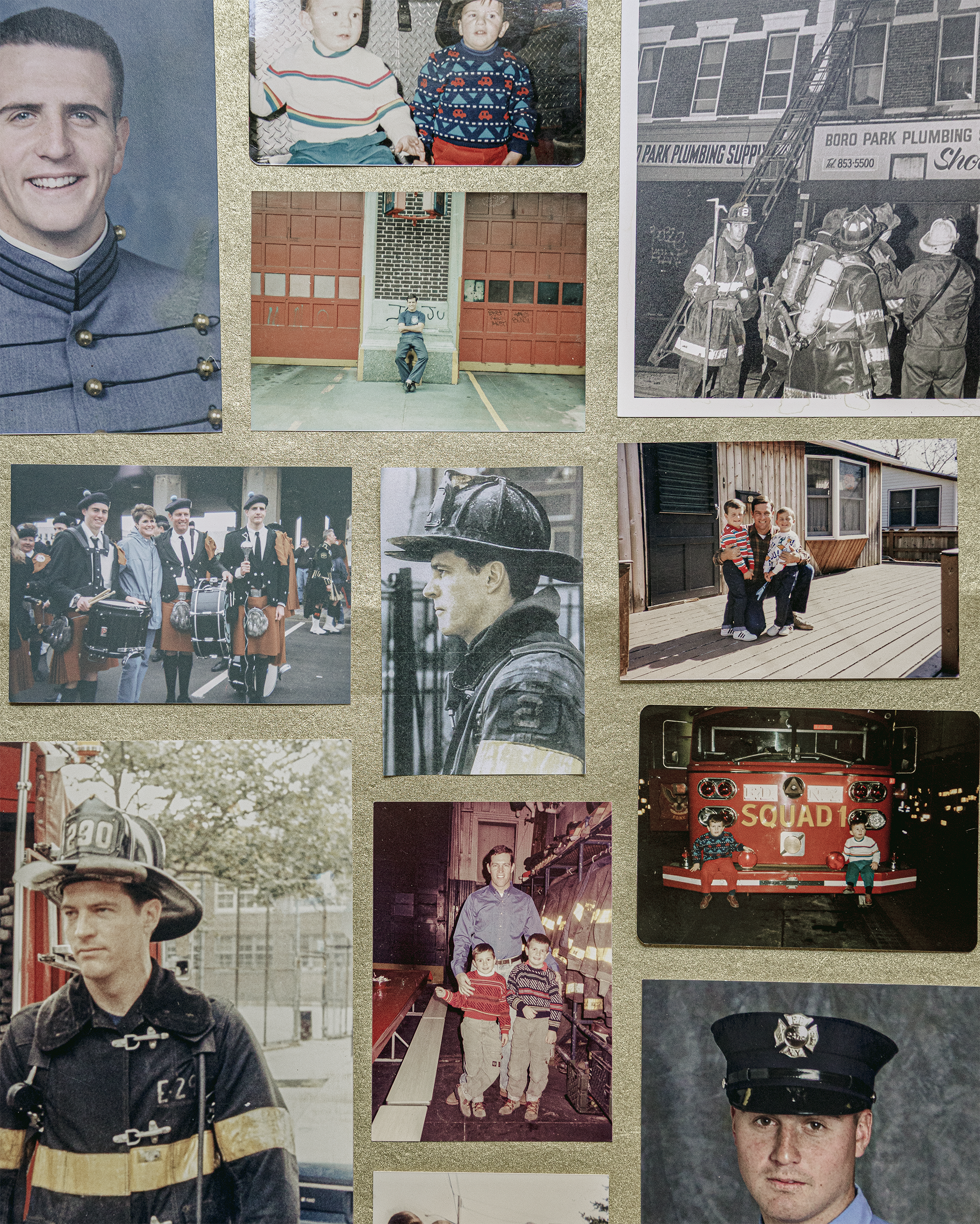 Grid of 11 color family photo prints of man in uniform, man with children, toddlers, firefighters.