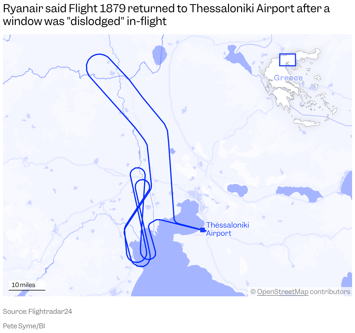 A map of northern Greece shows the path of Ryanair Flight 1879 on Friday 10 July, which U-turned and returned to the airport.