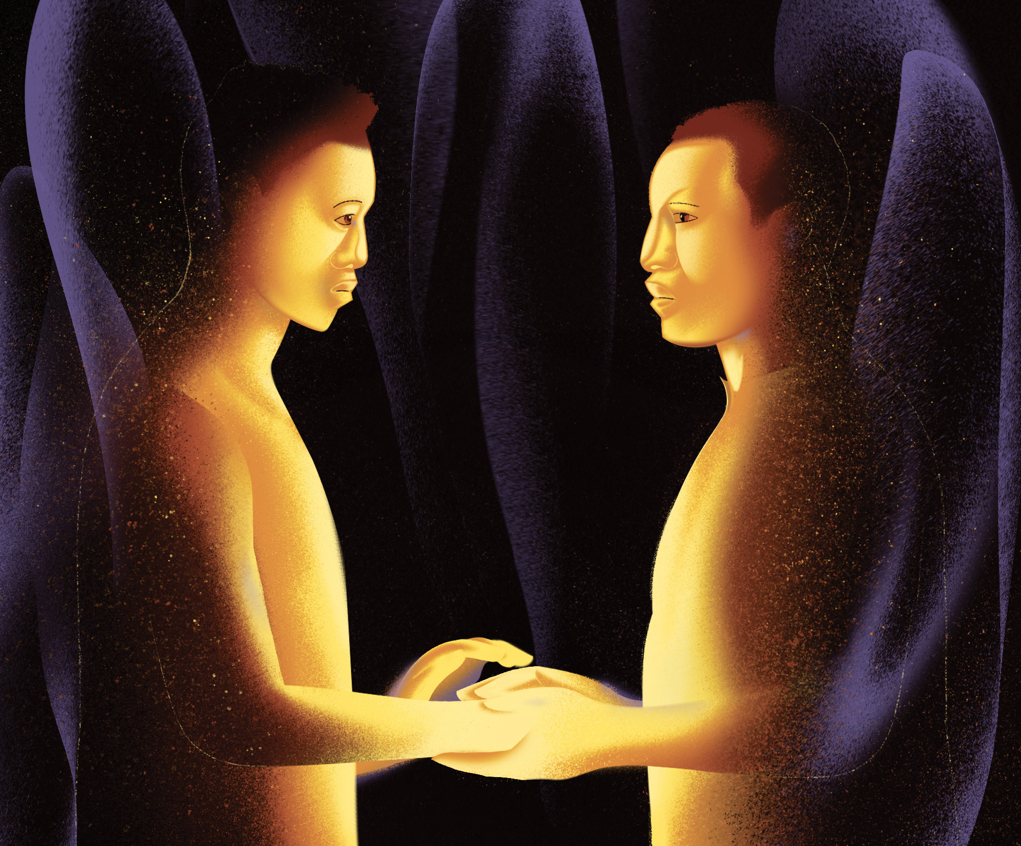 Two male figures stand facing each other amid purple shadowy shapes, their hands clasped.