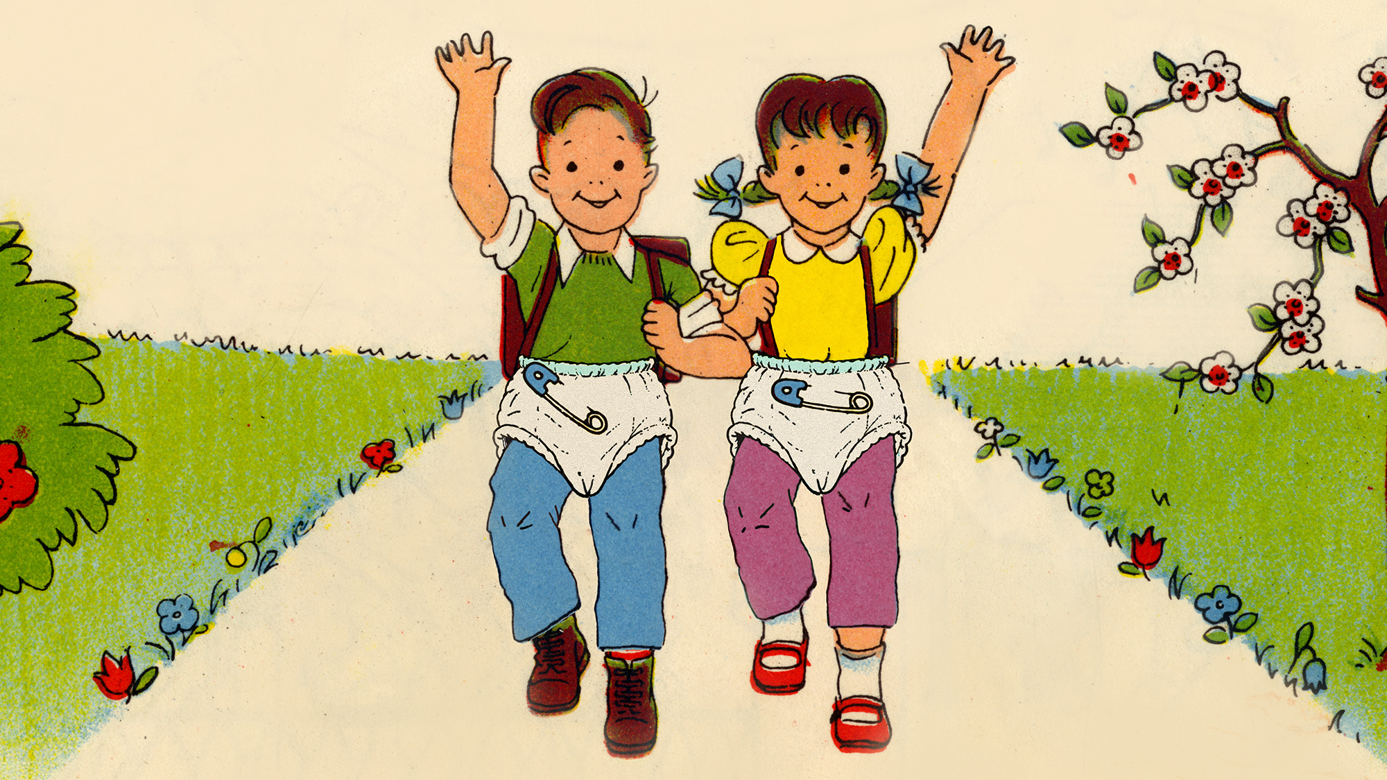 A boy and girl, fully dressed and on their way to school, with diapers fastened on the outside of their pants