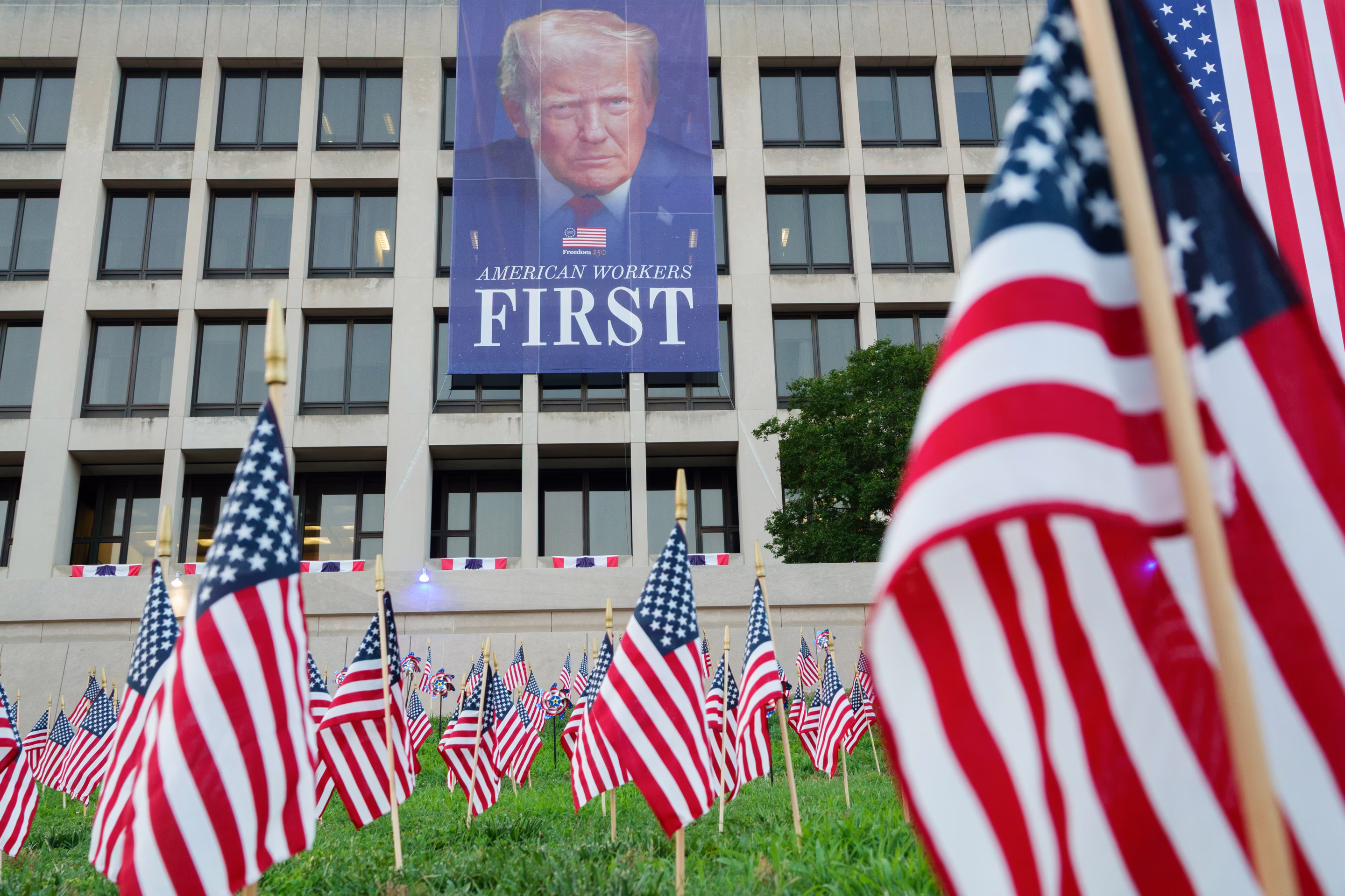 a banner of Donald Trump