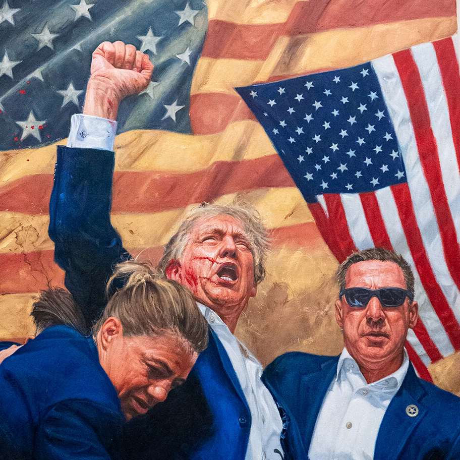 a painting of Donald Trump bleeding and raising his fist next to security guards