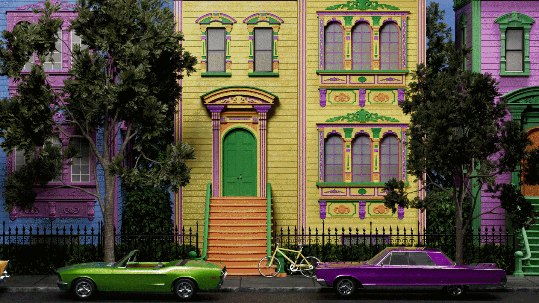 Colorful townhouses on a tree-lined street are painted yellow, purple, and green, then switch to being gray and white.