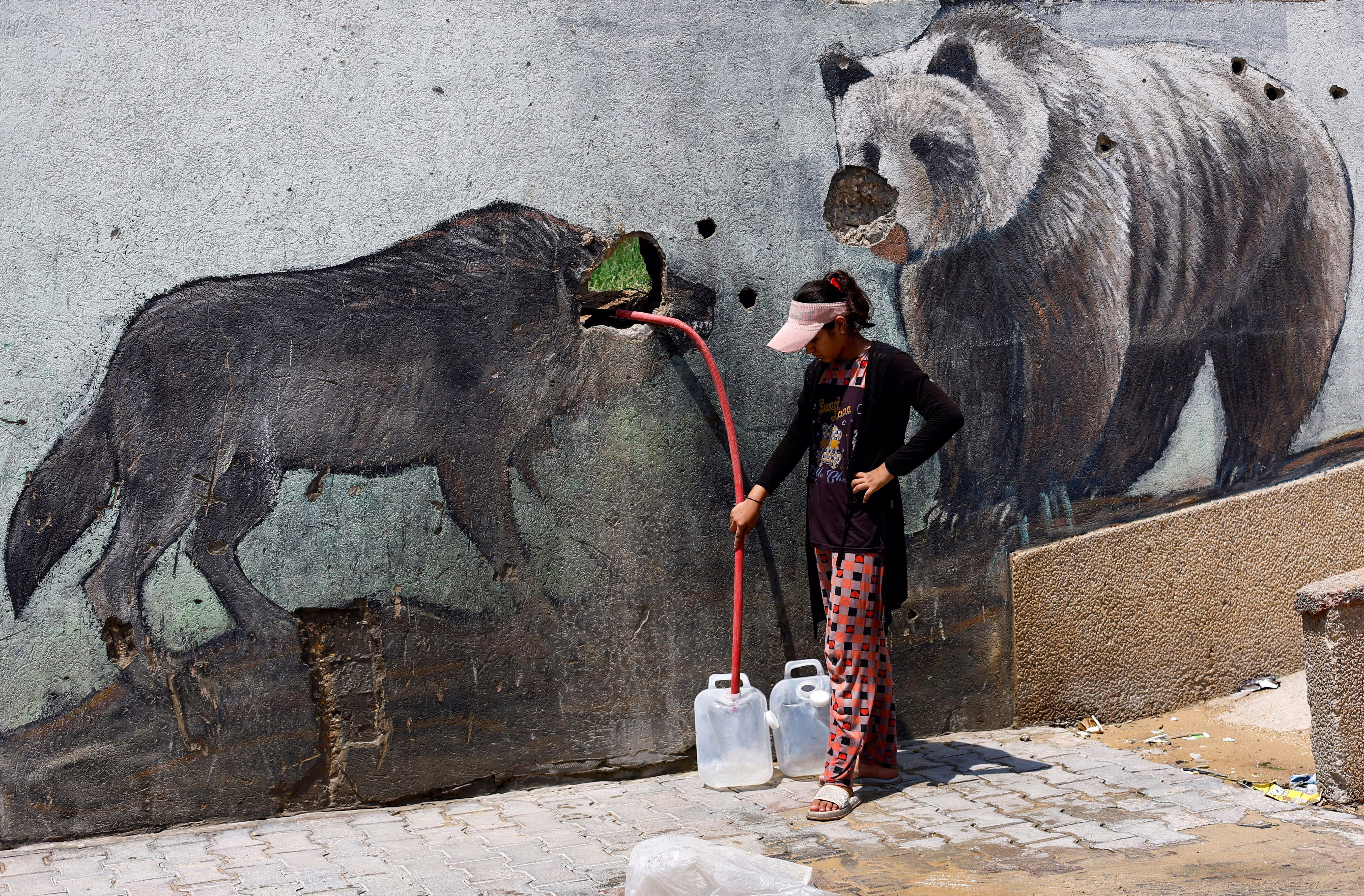 A girl fills water containers outside the wall of a war-damaged zoo, her hose poking through a hole in a mural, obscuring the painted face of a wolf.