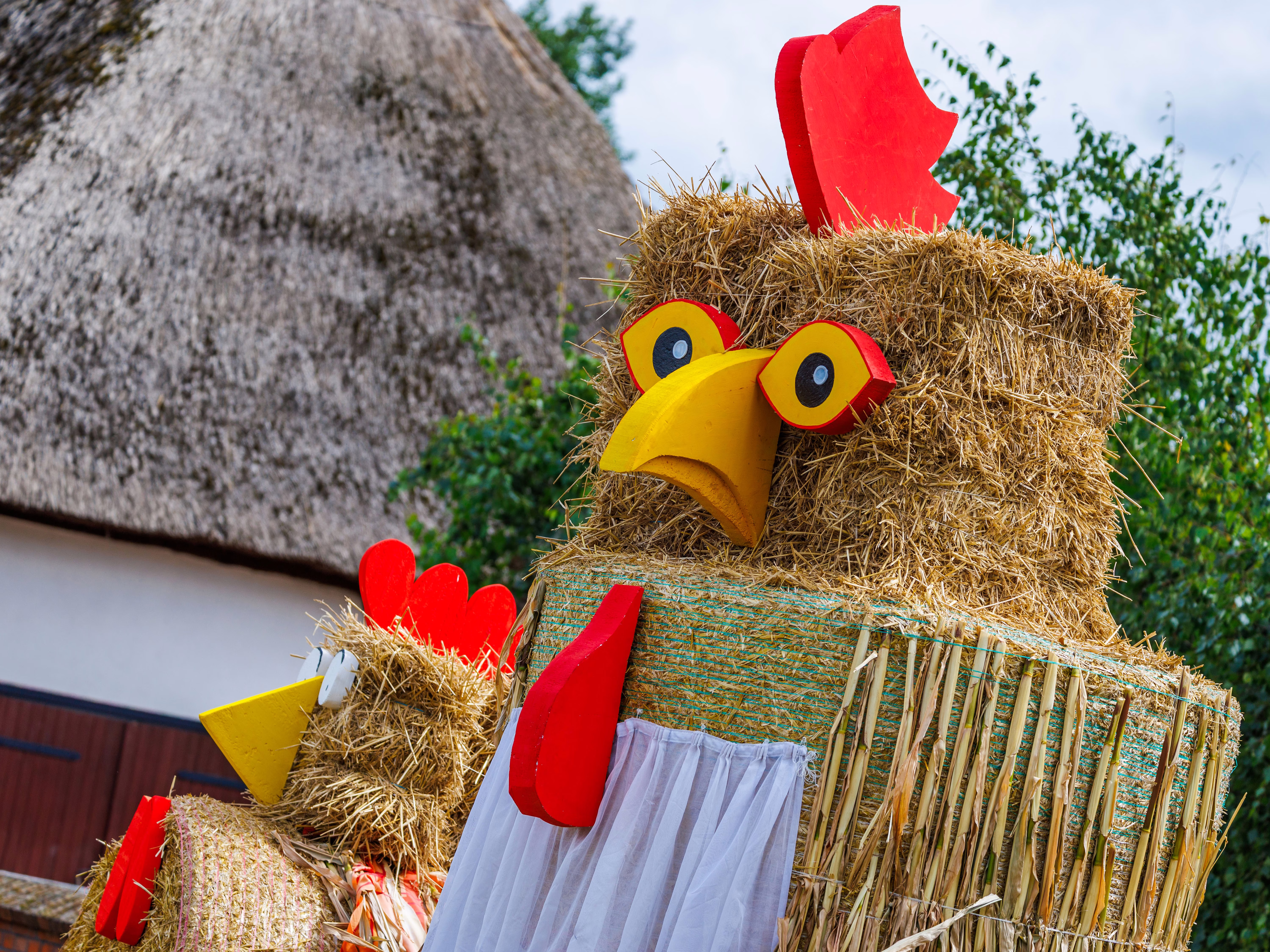 Two oversized chickens made from straw bales advertise a harvest festival.