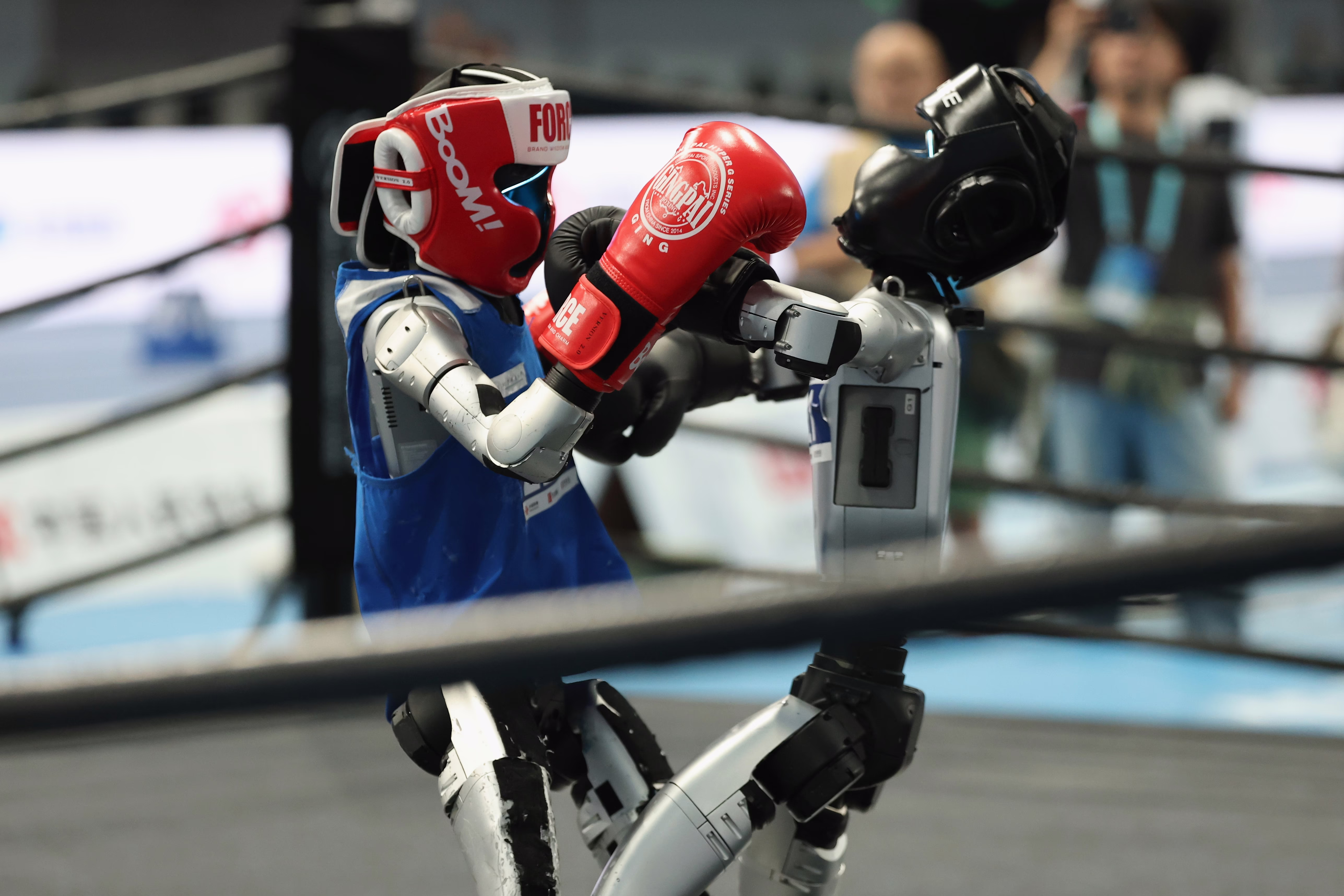 Two robot boxers fight.