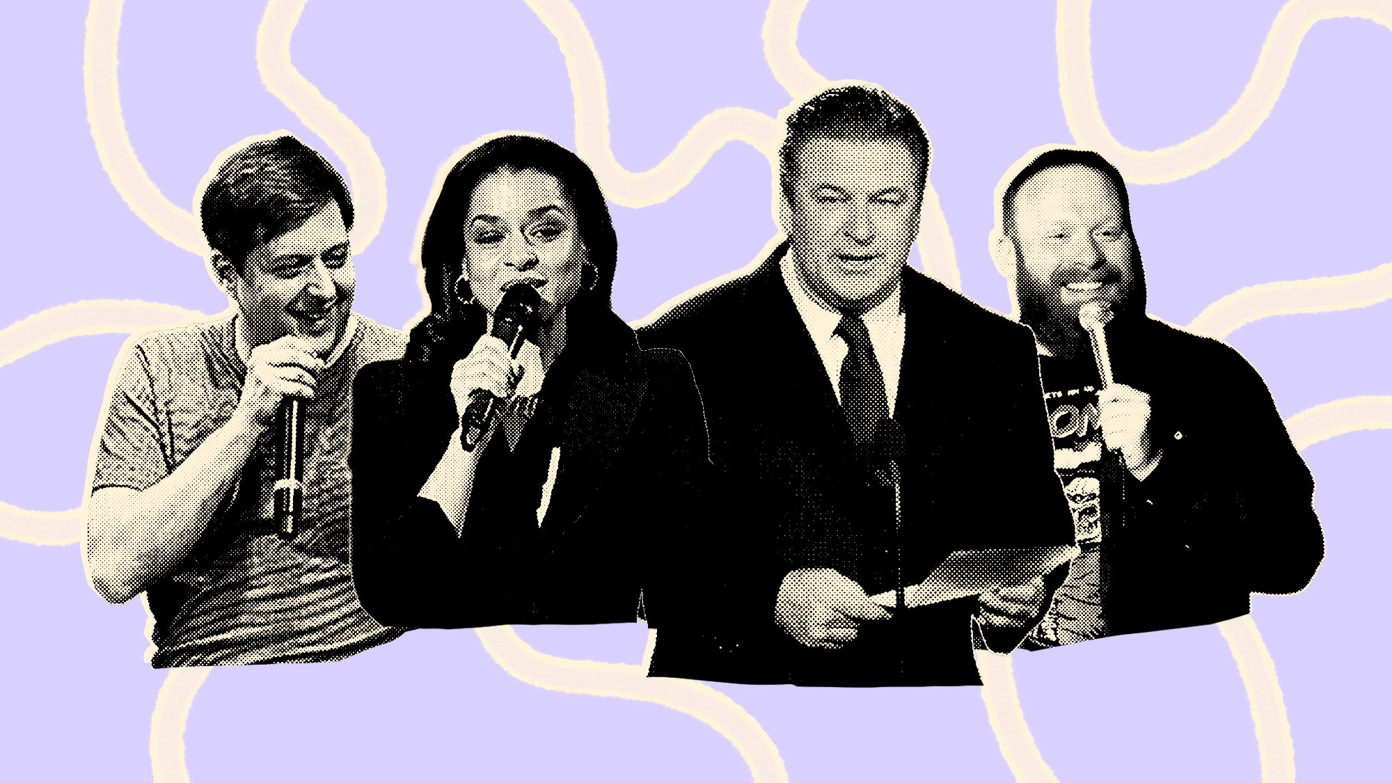 Cut out photos (from left to right) of Anthony Atamanuik, Sarah Cooper, Alec Baldwin, and Brent Terhune speaking into microphones against a purple background with white squiggly lines.