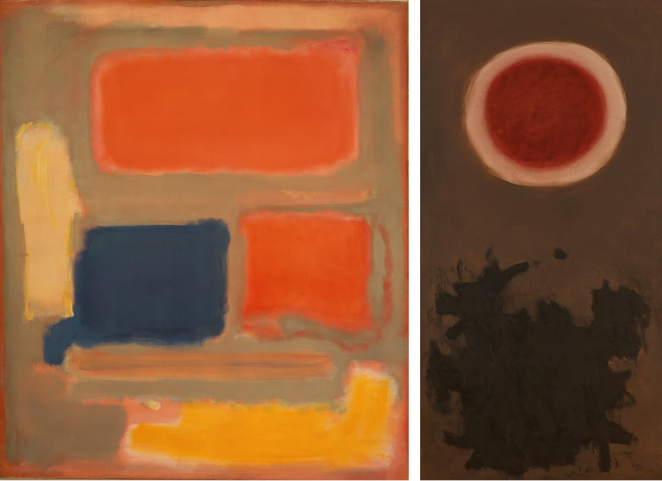 Left: Mark Rothko, No. 20, 1949. Oil on canvas. Collection of Christopher Rothko, 5096.49. © 1998 Kate Rothko Prizel & Christopher Rothko / Artists Rights Society, New York. Right: Adolph Gottlieb, Under and Over, 1959. Oil on canvas. Wadsworth Atheneum Museum of Art, Hartford, Connecticut, 1961.5. Photograph: Allen Phillips / Wadsworth Atheneum. © 2026 Adolph and Esther Gottlieb Foundation / Licensed by VAGA at Artists Rights Society, New York.