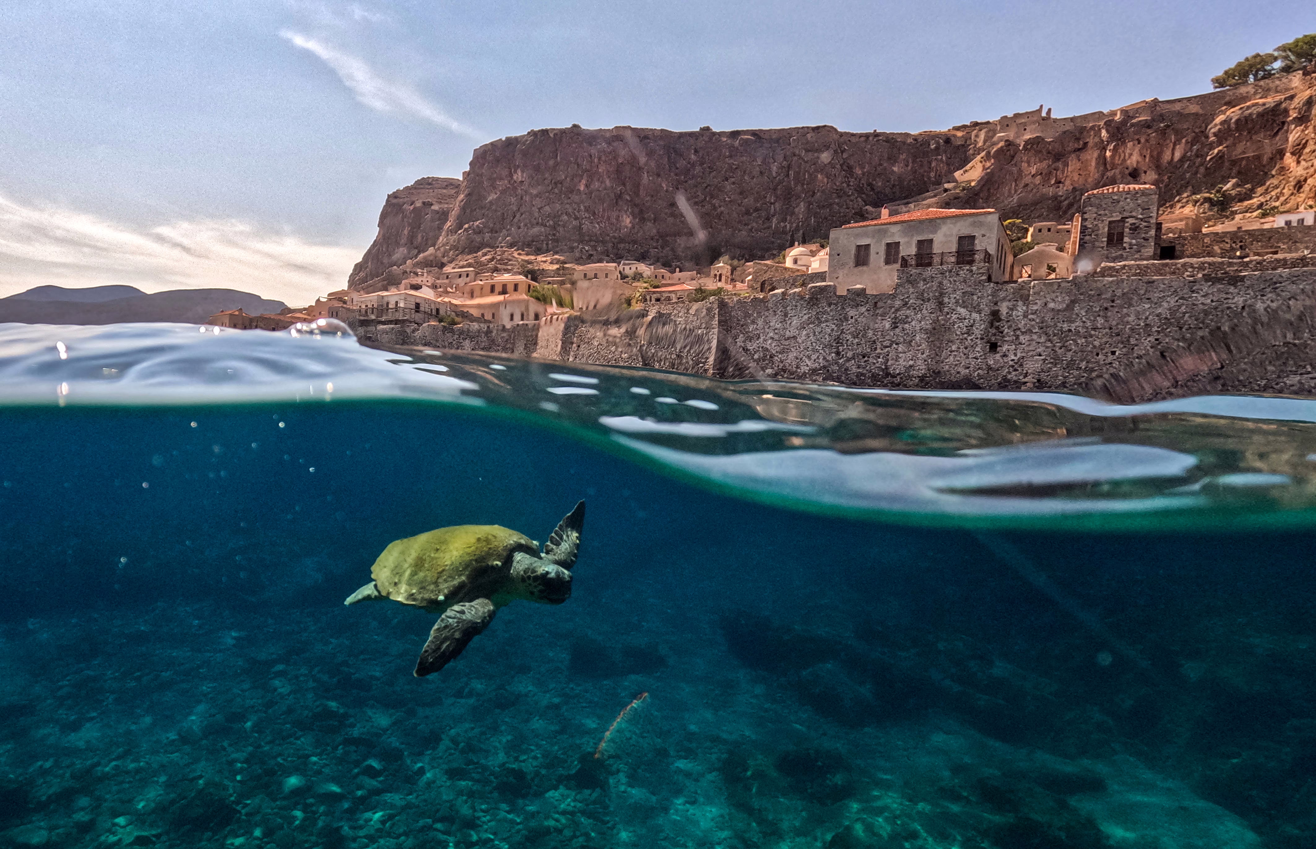 An over-under image of a sea turtle swimming through water along the coastline of a medieval town in Greece.