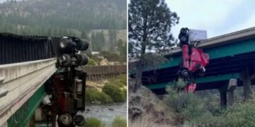 Big rig left dangling from California bridge as driver ejected from truck
