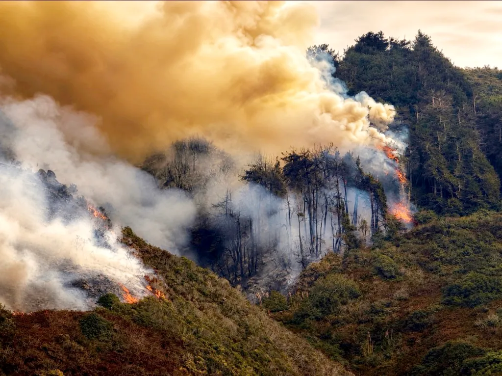 The Plaskett Fire moving closer toward Highway 1, with heavy smoke and flames visible on the hillside.