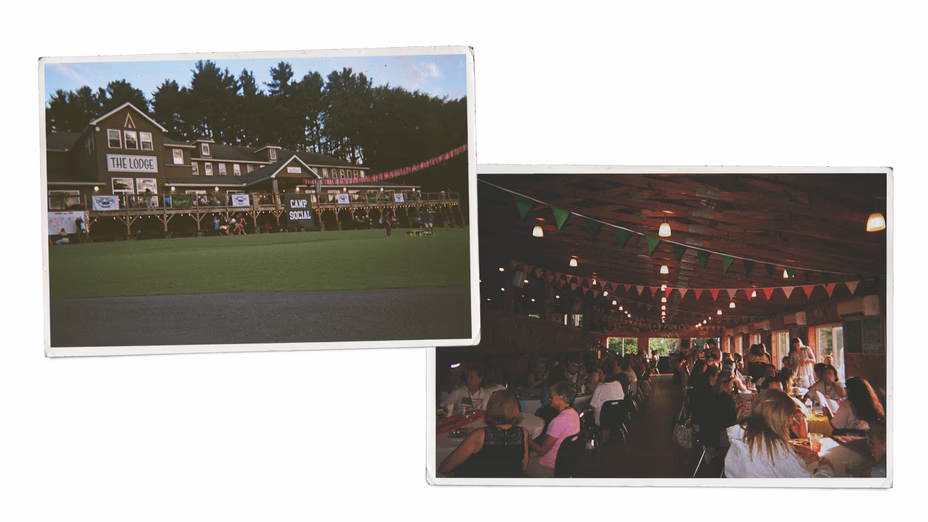 Image of lodge exterior (left), image of gathering indoors (right)