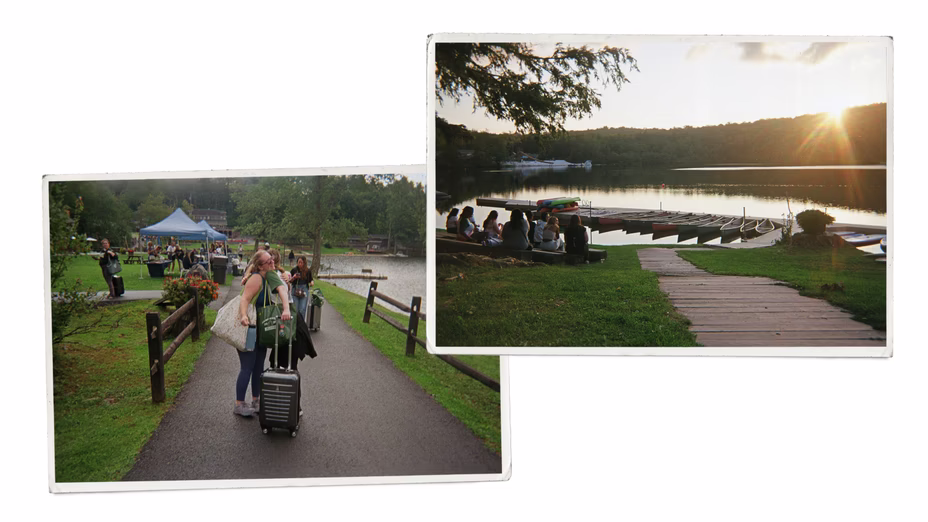 campers with their suitcases (left), scene of campers sitting outside by the water (right)