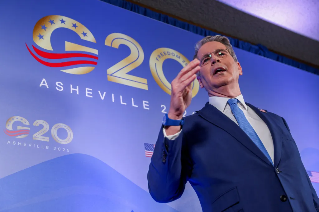 U.S. Treasury Secretary Scott Bessent gestures at the G20 meeting in Asheville.