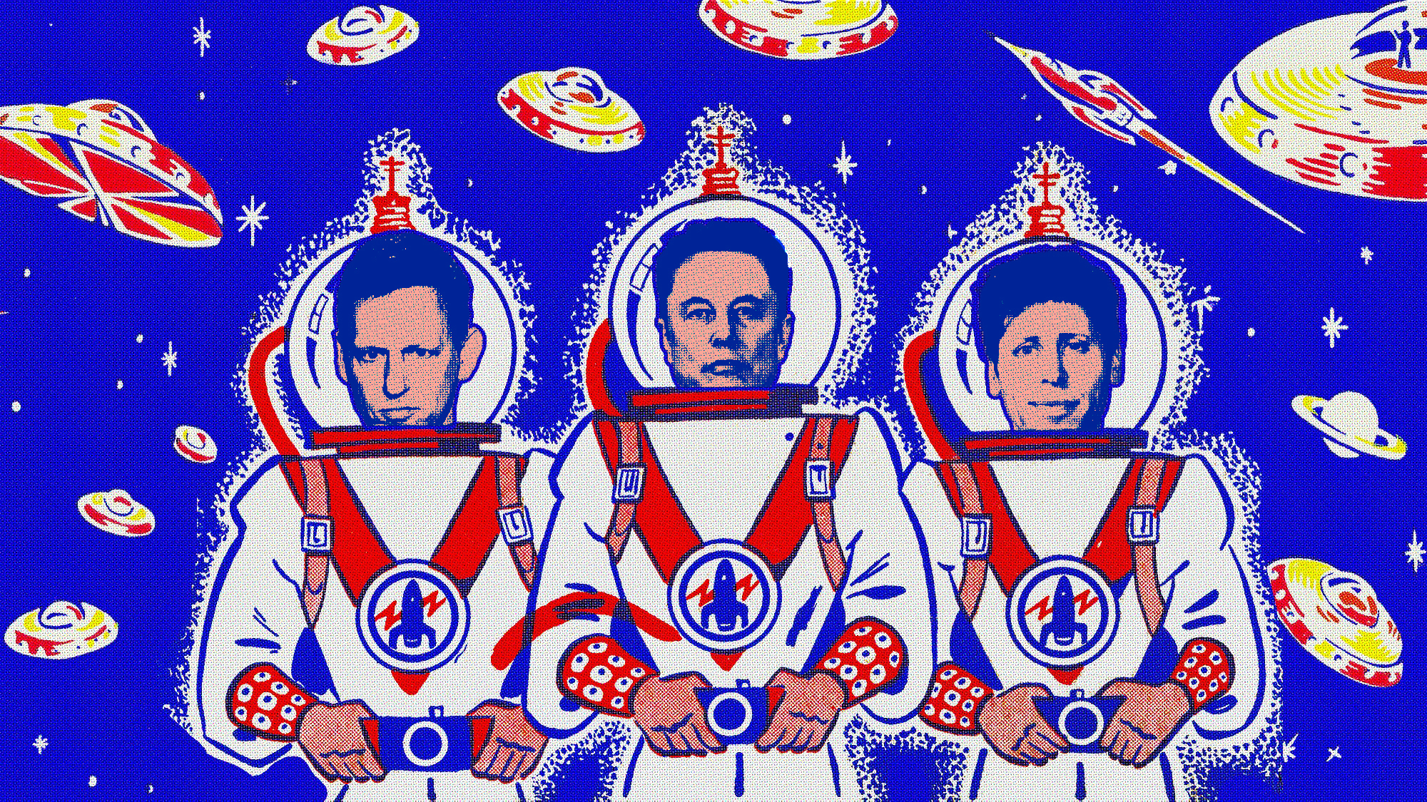Illustration of three men in astronaut costumes floating in space with flying saucers