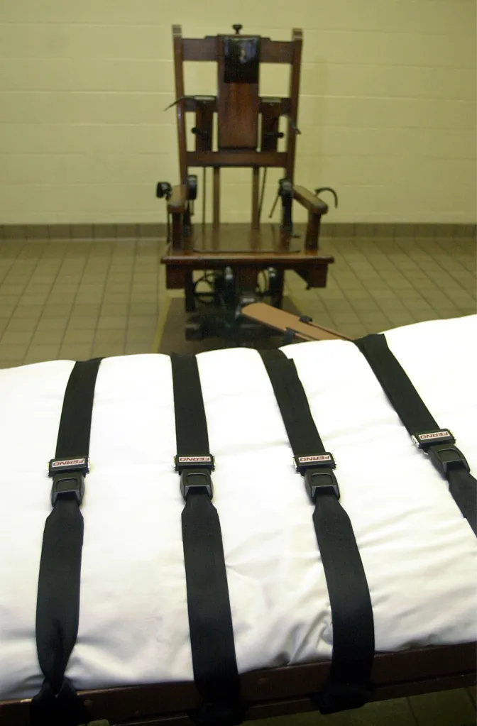 Electric chair and gurney in the death chamber of the Southern Ohio Correctional Facility.