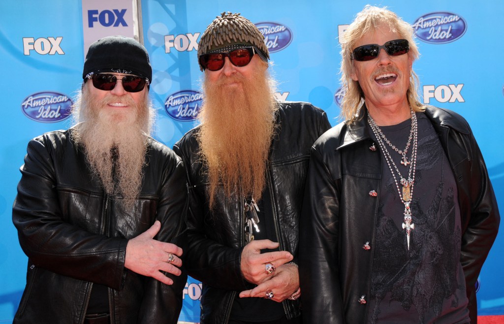 ZZ Top band members Dusty Hill, Billy Gibbons, and Frank Beard posing at the American Idol 2008 Finale.