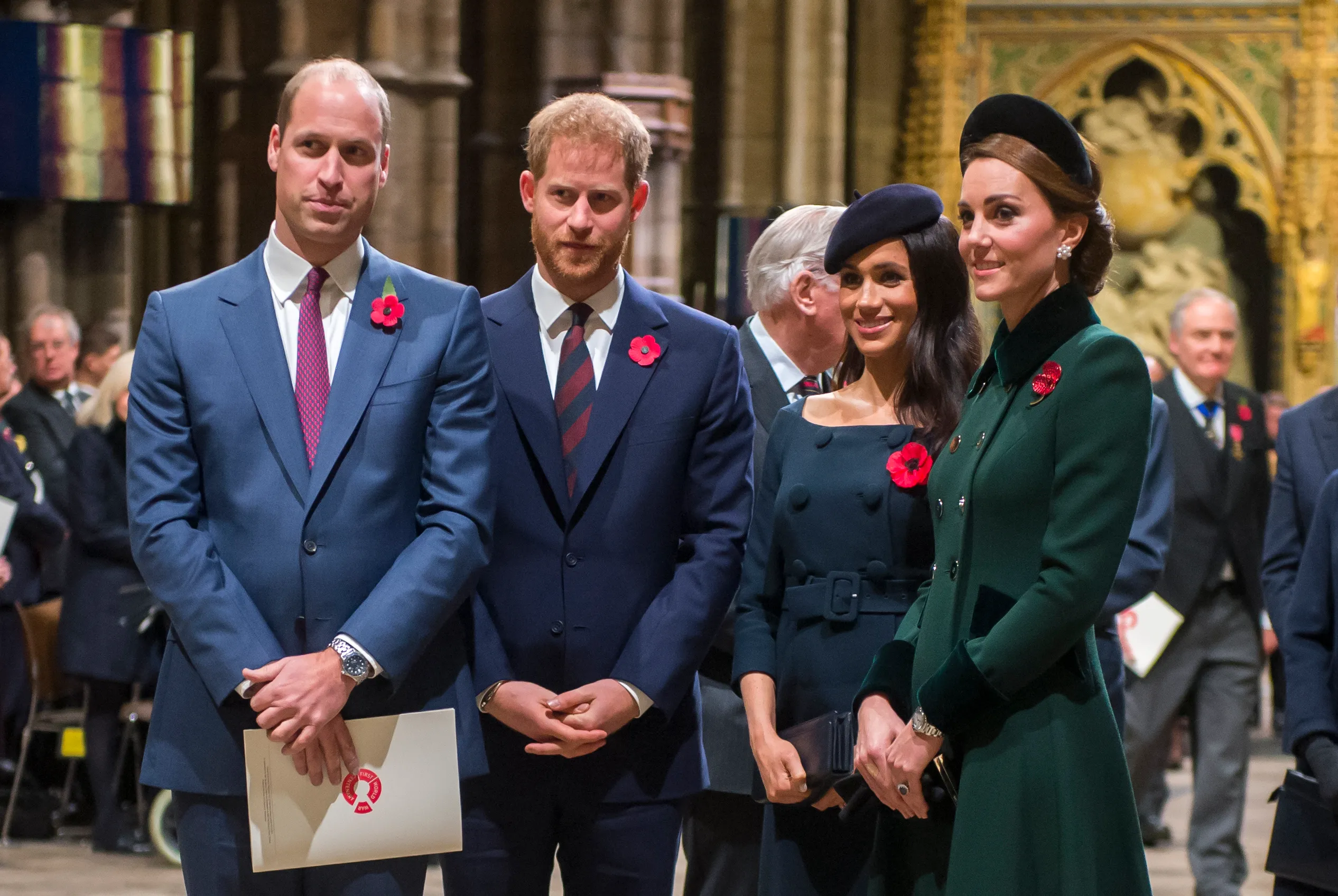 Prince William, Prince Harry, Meghan Markle, and Kate Middleton attending a service to commemorate the centenary of WW1 armistice.