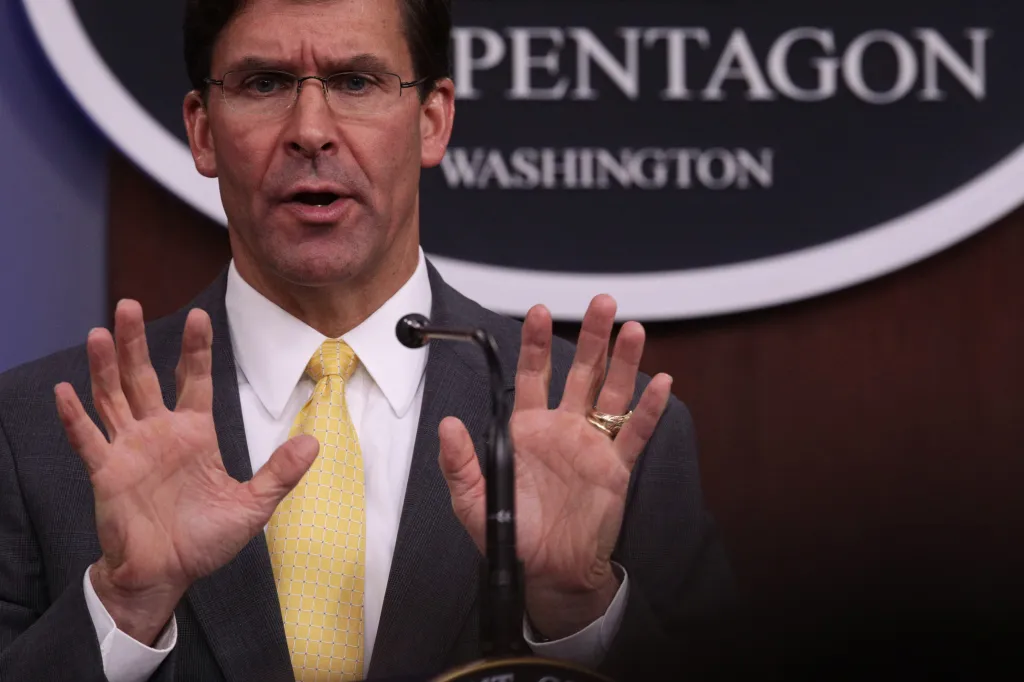U.S. Secretary of Defense Mark Esper speaking at a media briefing at the Pentagon.