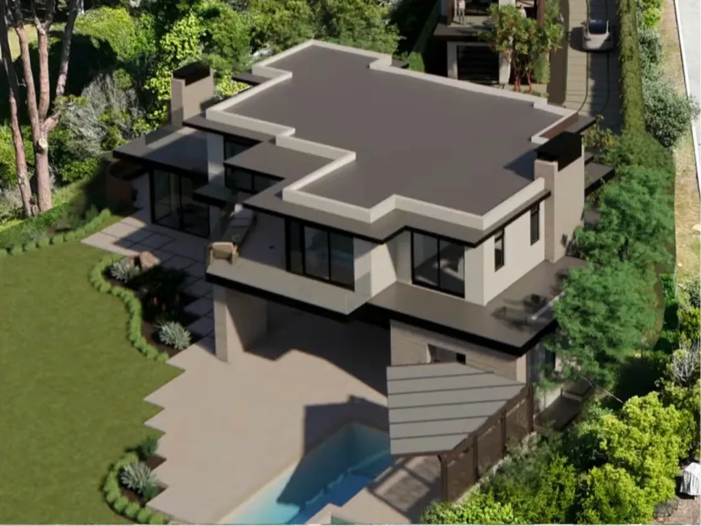 Illustration of the proposed house at 2339 Edgewater Way, with a pool and surrounded by lush greenery.