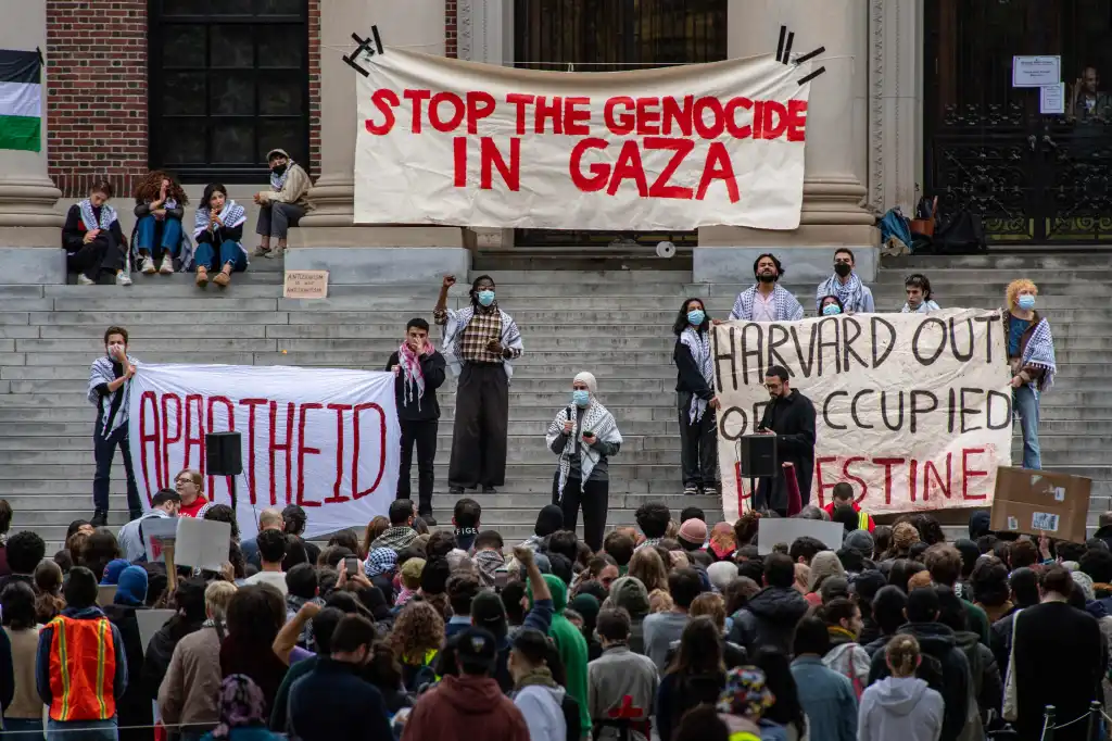Supporters of Palestine gather at Harvard University to show their support for Palestinians in Gaza at a rally in Cambridge, Massachusetts, on Oct. 14, 2023.