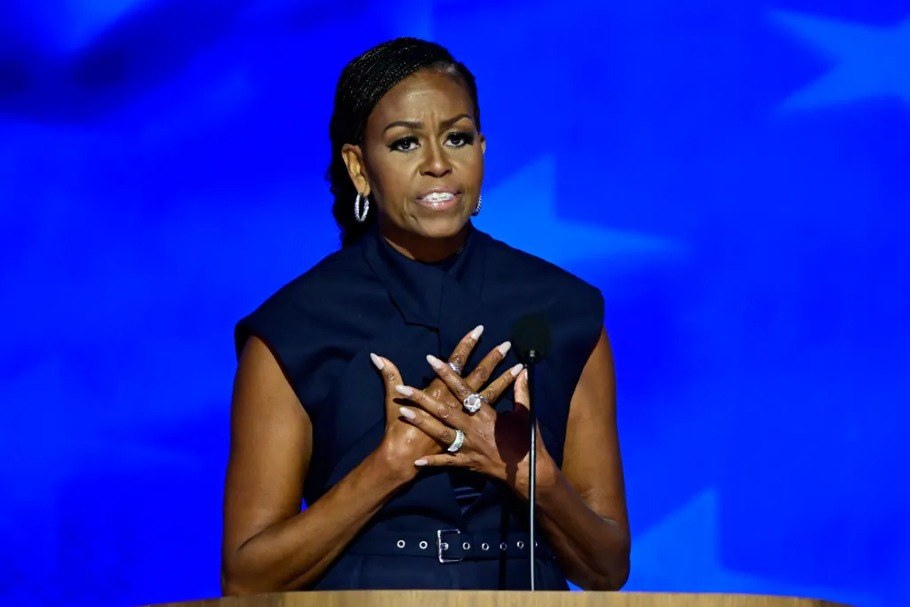 Former first lady Michelle Obama speaks at the 2024 Democratic National Convention in Chicago, Ill., on Aug. 20, 2024.