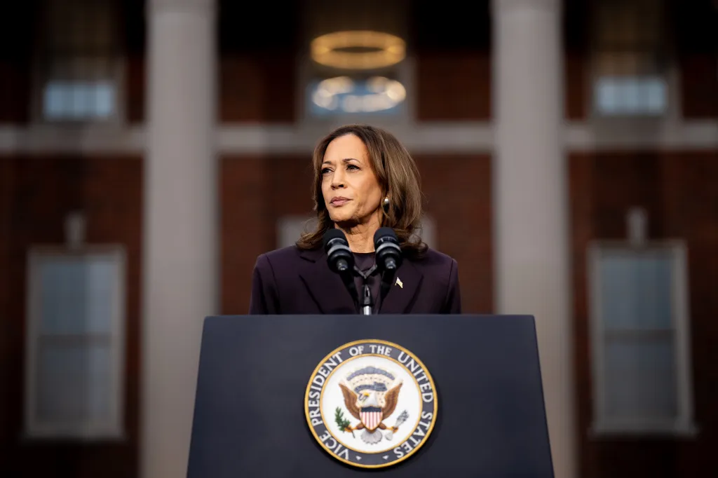 Kamala Harris giving a concession speech at Howard University.