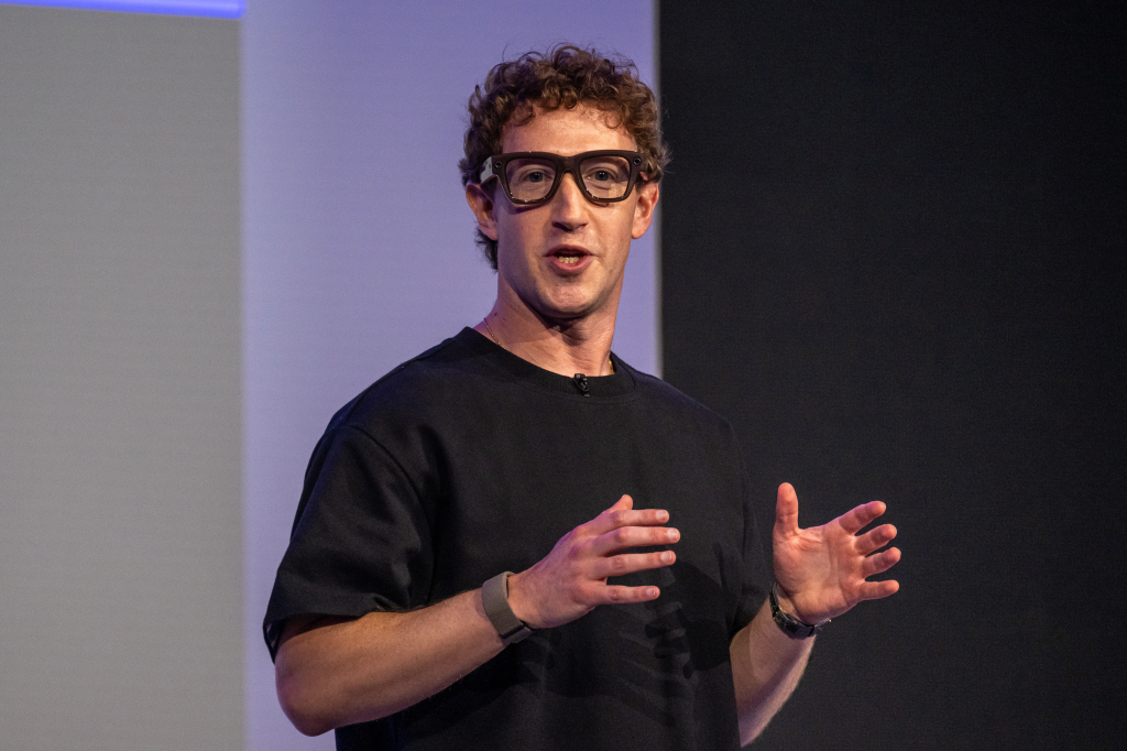Mark Zuckerberg wears a pair of Meta Ray-Ban Display AI glasses during the Meta Connect event in Menlo Park, California, on Wednesday, Sept. 17, 2025.